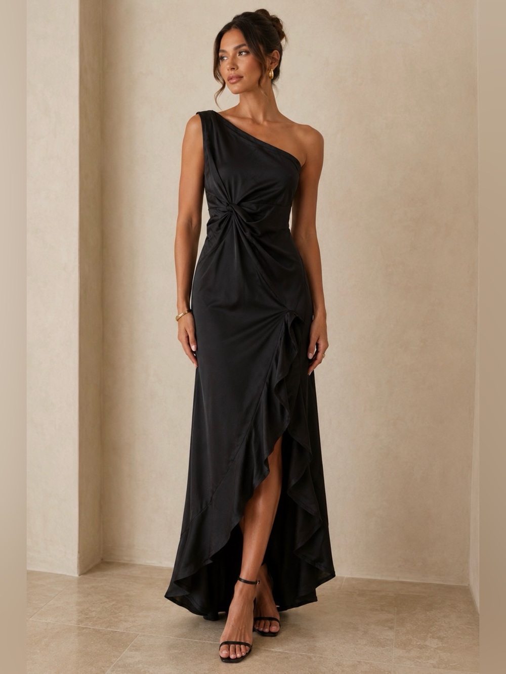 One-Shoulder Black Ruffle Twist-Front Evening Gown size XXL